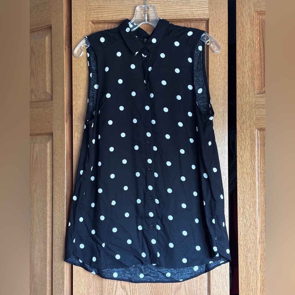 2/$20 Divided Black with White Polka Dot Button Up Blouse size S